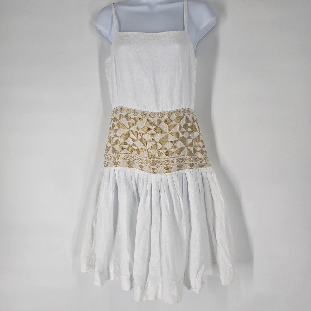 Antheris Greece Eugenia Linen Dress White Gold Size S LES ATHENIENNES NEW